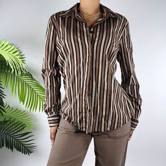 Vintage Y2K Brown Striped Dark Academia Fairy Grunge Button Up Shirt / 8 - Picture 3 of 6